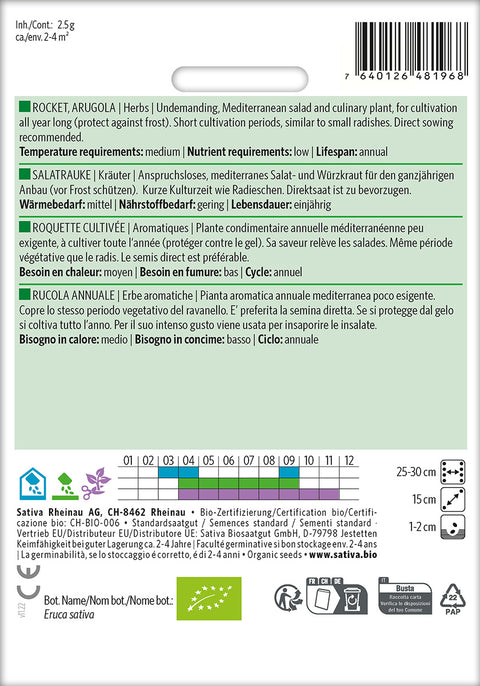 Ruccola - ROCKET, ARUGOLA (Eruca sativa) Økologiske frø